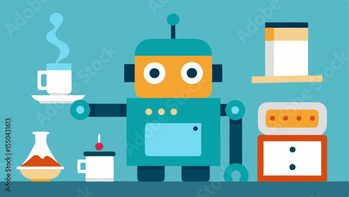 CoffeeMaking Robot Chef A kitchen setting where a friendly robot is making coffee but instead of using traditional coffee beans its pouring in odd items like glitter marshmallows