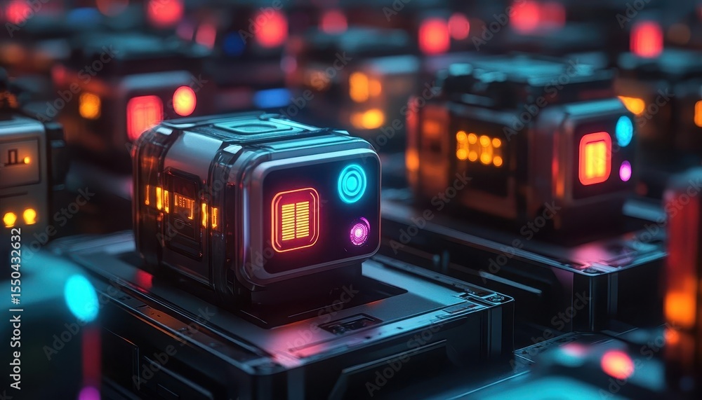 Warehouse robots organizing packages with holographic labels, dark background, vibrant neon tones Warehouse robots organizing packages with holographic labels, dark background, vibrant neon tones