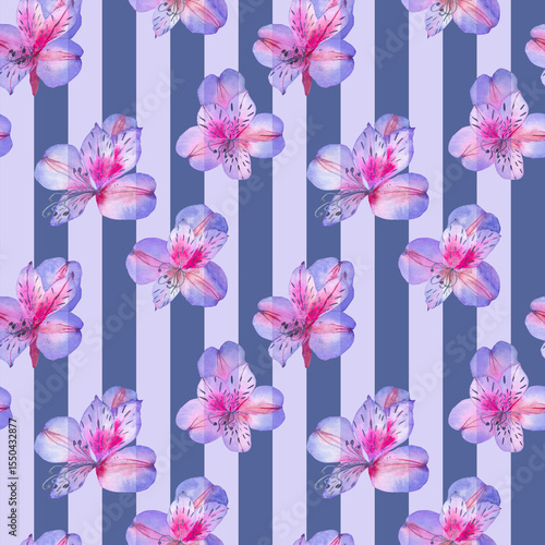 Fotografie Watercolour Alstroemeria Art Print, Pink and Purple Stripe Decor, Elegant Botanical Art, Modern Flower Print, Serene Artistic Wall Art