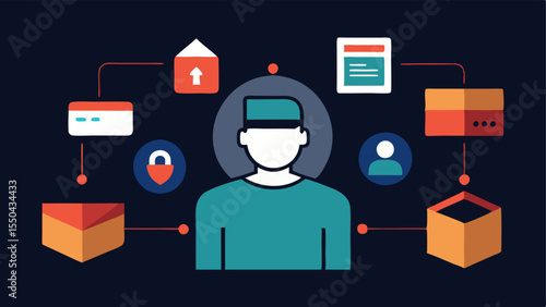 Dark Web Marketplace A stylized depiction of a digital marketplace where various identity theft items are sold like IDs and personal info represented as iconized packages.