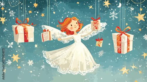 Elegant Dream Angel Greeting Card Design with Hanging Gold Stars