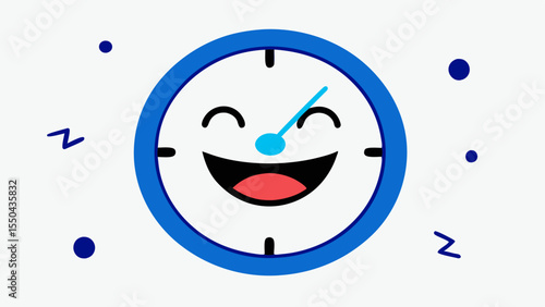 Cheerful Clock A round clock with a white background and bold black numbers. The clock has a smiling face with bright blue eyes and a wide grin. One eye is winking while the other