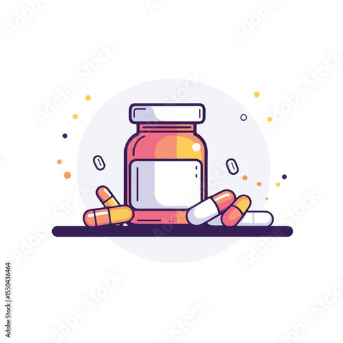 Colorful Drug Pills and Bottle Cartoon Vector Illustration