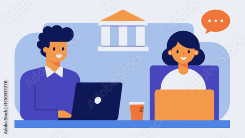 Depict a customer sitting at a desk with a bank advisor before shifting to the next scene which shows the same customer using a laptop for a video call with a bank advisor