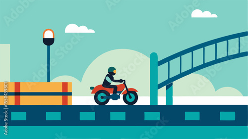 Bridge Crossing An illustration of the police motorcycle speeding across a bridge with the officer leaning forward as the pursued car can be seen in the distance.