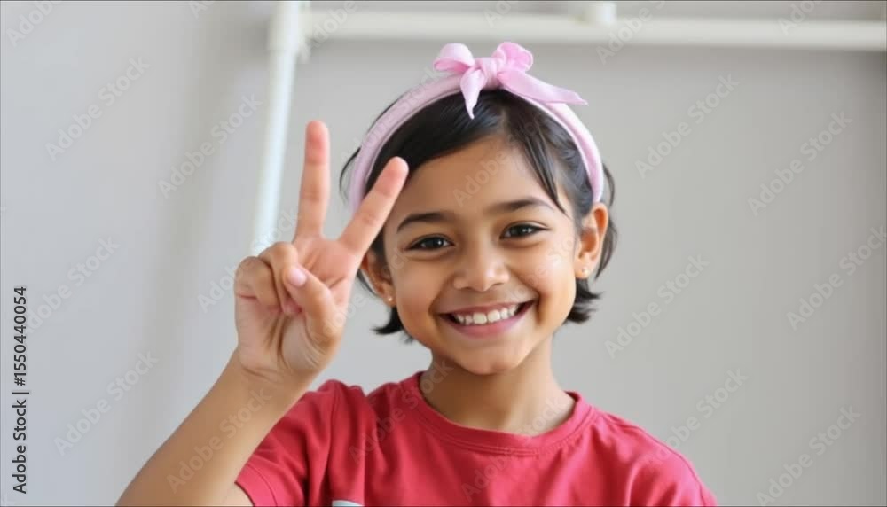 Young girl smiling and showing peace sign indoors with headband Young girl smiling and showing peace sign indoors with headband