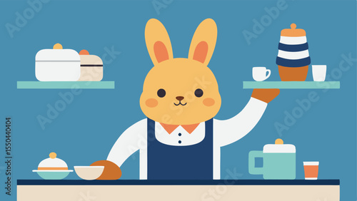 Bunny Barista A friendly bunny wearing an apron and a headband is behind a coffee bar cheerfully serving coffee to a line of excited animal customers. The bunny skillfully froths