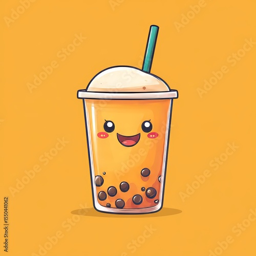 Wallpaper Mural Cute cartoon bubble tea cup with tapioca pearls, a smiling face, and a straw on a bright orange background. Torontodigital.ca