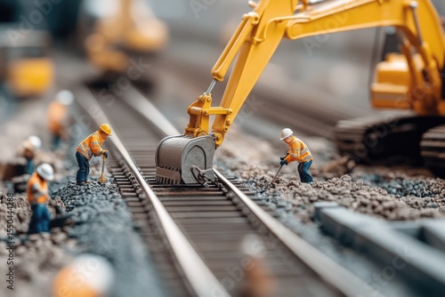 Miniature construction workers repair railroad tracks