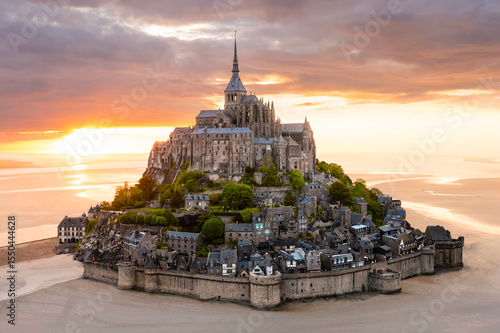 Mont Saint-Michel view in the sunrise light. Normandy, northern France