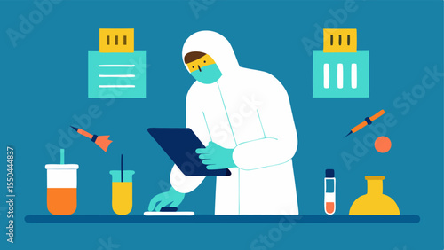 Evidence Cataloging A forensic lab worker documenting DNA evidence in a notebook while surrounding evidence bags and labels are neatly organized on a table.