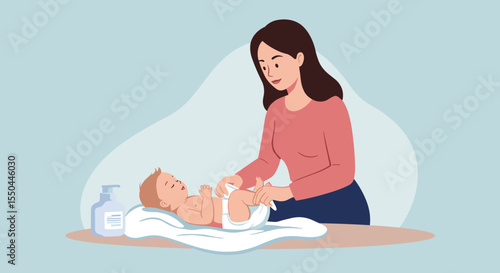 Illustration of a Young Mother Changing a Baby's Diaper for Parenting Education and Maternal Support Resources