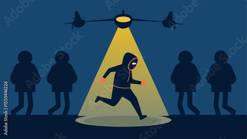Disguise Attempt A figure wearing a hoodie running through a crowd with the sweeping spotlight from a helicopter trying to pinpoint them a others.