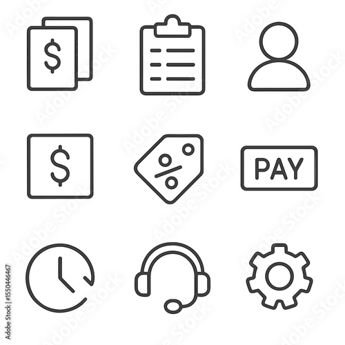 Household Utility Icons. Line style icons of Household Utility Package: invoice bundle, service list icon, user avatar, total