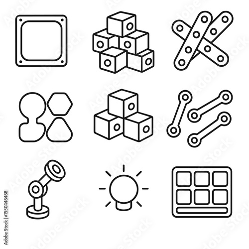 Modular Fidget Icons. Line style icons of Customizable Modular Fidgets: magnetic tile set, snap-together blocks, interlock strips,
