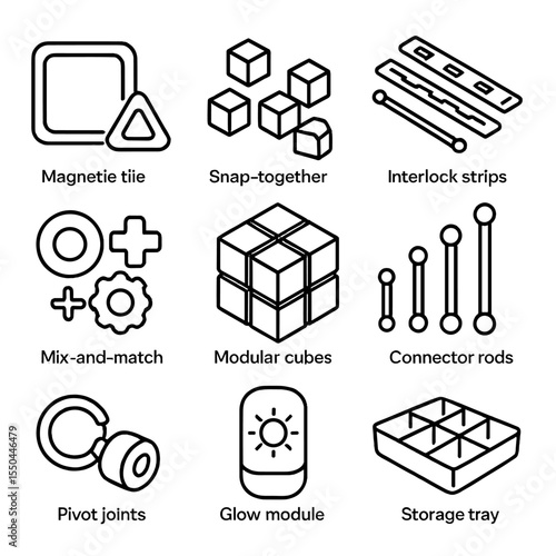 Modular Fidget Icons. Line style icons of Customizable Modular Fidgets: magnetic tile set, snap-together blocks, interlock strips,