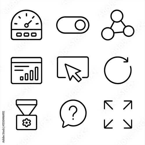 Utility Dashboard Icons. Line style icons of Combined Utility Dashboard: multi-meter panel, zone toggle switch, infographic