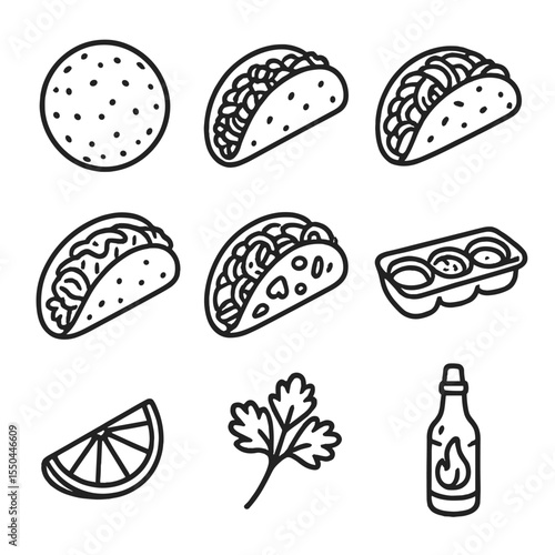 Taco Cart Icons. Line style icons of Taco Cart Selection: corn tortilla, carne asada taco, al pastor taco, fish taco, veggie taco,