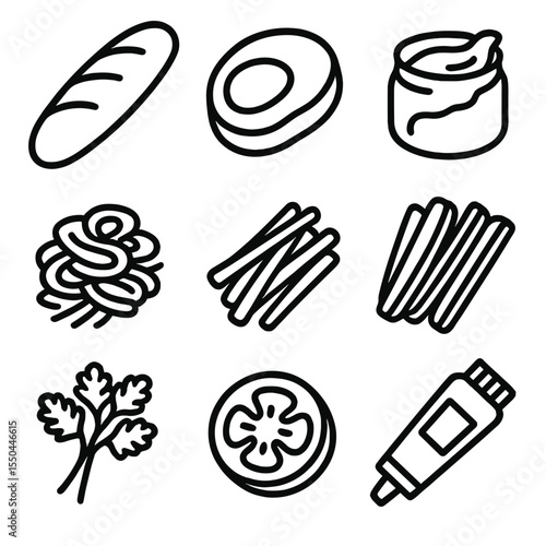 Banh Mi Icon Set. Line style icons of Banh Mi Sandwich Stand: baguette half, pork slice, pate smear, pickled carrot pile, daikon