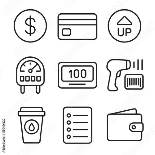 Prepaid Utility Icons. Line style icons of Prepaid Utility Account: dollar coin, prepaid card, top-up button, usage meter, balance