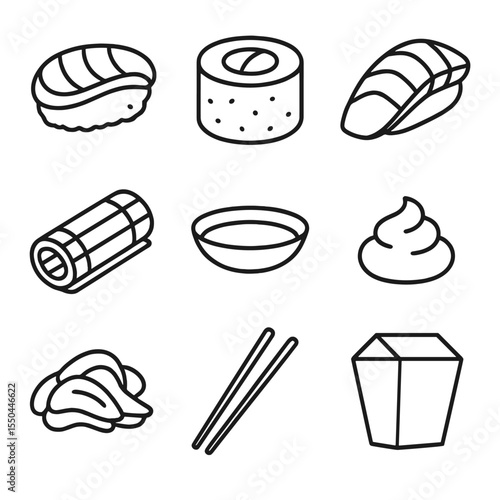 Sushi Cart Icons. Line style icons of Sushi To-Go Cart: nigiri sushi, maki roll, sashimi slice, bamboo mat, soy sauce dish, wasabi