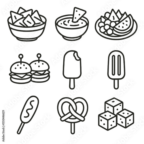 Snack Stand Icons. Line style icons of Snack Stand Favorites: chips bowl, salsa dip, fruit platter, mini sandwiches, ice cream bar