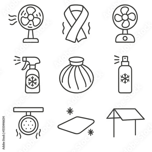 Cooling Tools Icons. Line style icons of Cooling & Mist Tools: mist fan, cool towel, portable fan, cooling spritz bottle, ice pack