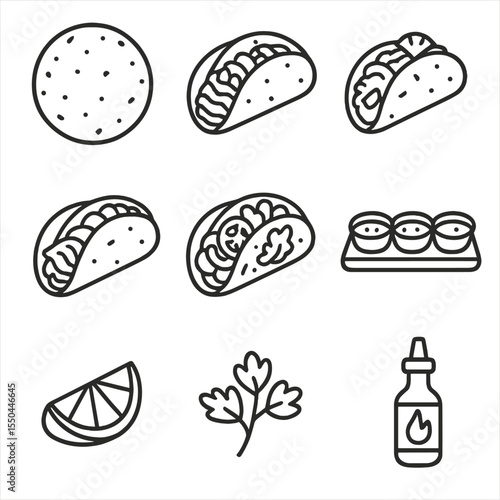 Taco Cart Icons. Line style icons of Taco Cart Selection: corn tortilla, carne asada taco, al pastor taco, fish taco, veggie taco,