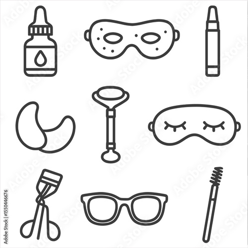 Eye Care Icons. Line style icons of Eye Care Accessories: eye drop bottle, cooling eye mask, jade roller ends, eye serum pen,