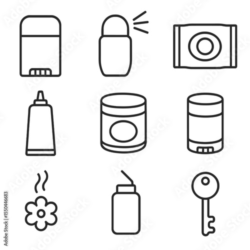 Deodorant Icon Collection. Line style icons of Deodorant & Antiperspirant: stick deodorant, roll-on antiperspirant, aerosol spray,