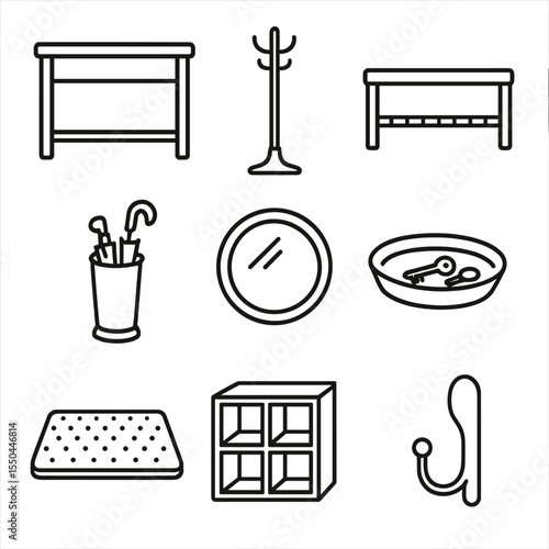 Entryway Icons. Line style icons of Entryway Accessories: console table, coat rack, shoe bench, umbrella stand, wall mirror, key