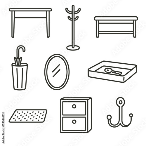 Entryway Icons. Line style icons of Entryway Accessories: console table, coat rack, shoe bench, umbrella stand, wall mirror, key