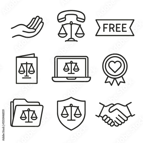 Legal Aid Icons. Line style icons of Legal Aid & Pro Bono: helping hand, legal hotline phone, free advice banner, pamphlet stack,