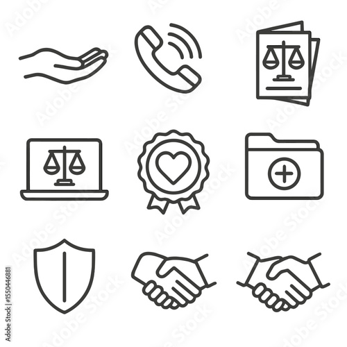 Legal Aid Icons. Line style icons of Legal Aid & Pro Bono: helping hand, legal hotline phone, free advice banner, pamphlet stack,