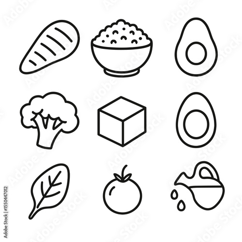 Healthy Meal Icons. Line style icons of Healthy Meal Prep: grilled chicken strip, quinoa bowl, avocado half, broccoli floret,