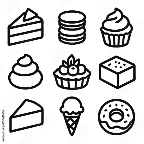 Gourmet Dessert Icons. Line style icons of Gourmet Desserts silhouette: chocolate cake slice, macarons, cupcake, cream puff, fruit