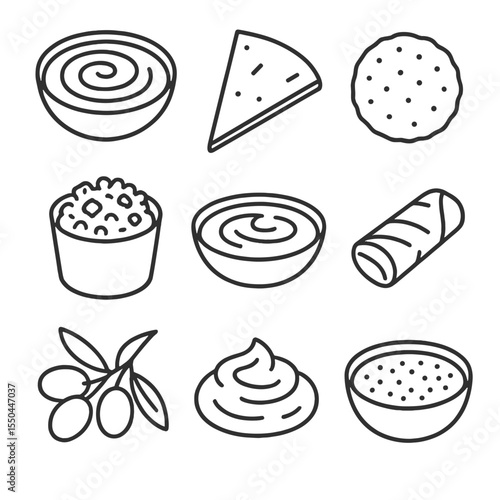 Middle Eastern Mezze Icons. Line style icons of Middle Eastern Mezze silhouette: hummus bowl, pita wedge, falafel, tabbouleh cup,