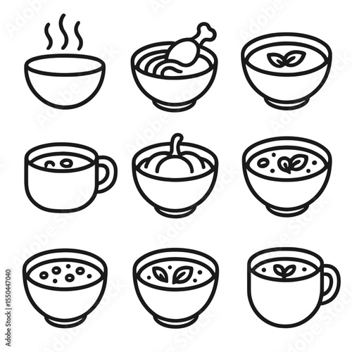 Comfort Soup Icons. Line style icons of Comfort Soups silhouette: steaming bowl, chicken noodle, tomato bisque, clam chowder, miso