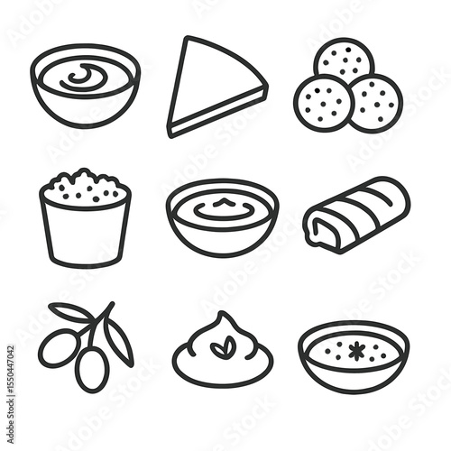 Middle Eastern Mezze Icons. Line style icons of Middle Eastern Mezze silhouette: hummus bowl, pita wedge, falafel, tabbouleh cup,