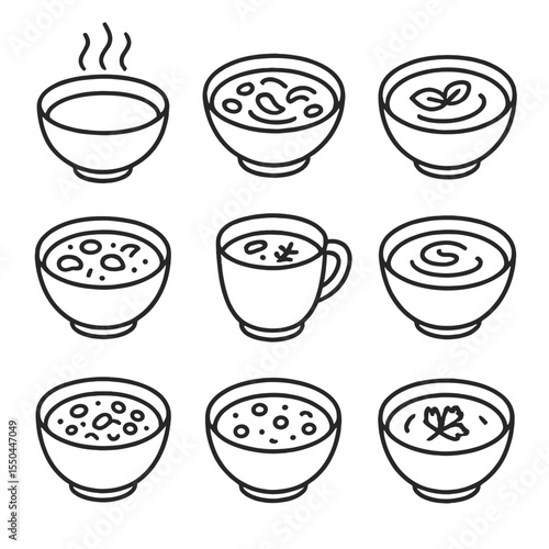 Comfort Soup Icons. Line style icons of Comfort Soups silhouette: steaming bowl, chicken noodle, tomato bisque, clam chowder, miso