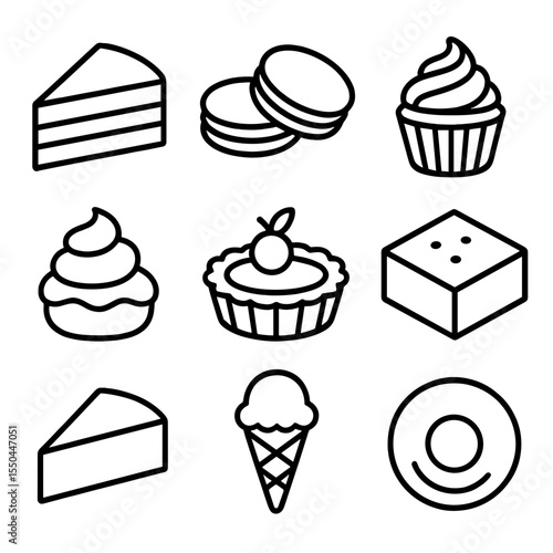 Gourmet Dessert Icons. Line style icons of Gourmet Desserts silhouette: chocolate cake slice, macarons, cupcake, cream puff, fruit