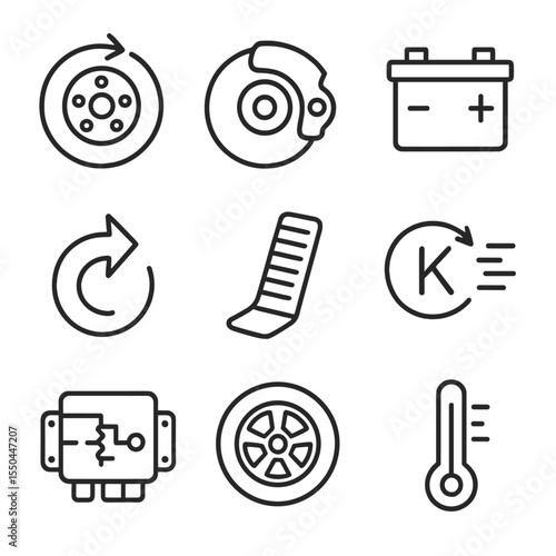 Regenerative Braking Icons. Line style icons of Regenerative Braking Systems: rotor with arrow, brake caliper, battery icon, regen