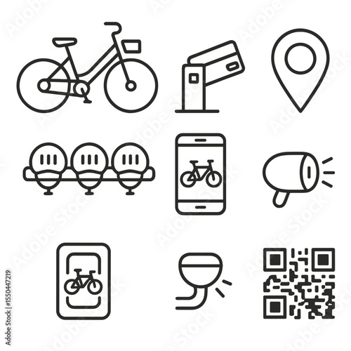 Bike Sharing Icons. Line style icons of Bike Sharing Systems: bicycle silhouette, docking station, keycard swipe, map pin, helmet