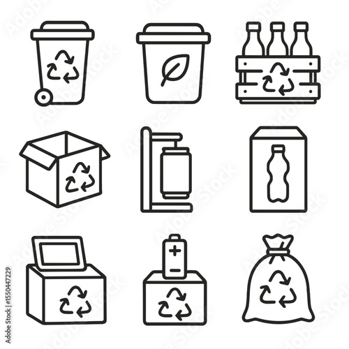 Eco-Friendly Recycling Icons. Line style icons of Eco-friendly Recycling: curbside recycle bin, compost bin, glass bottle crate,