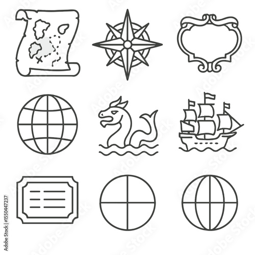 Antique Map Icons. Line style icons of Antique Maps: parchment map, compass rose, cartouche, longitude lines, latitude lines, sea