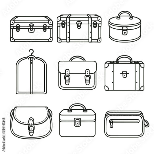 Antique Luggage Icons. Line style icons of Antique Luggage: leather trunk, steamer trunk, hatbox, garment bag, travel satchel,