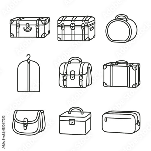 Antique Luggage Icons. Line style icons of Antique Luggage: leather trunk, steamer trunk, hatbox, garment bag, travel satchel,