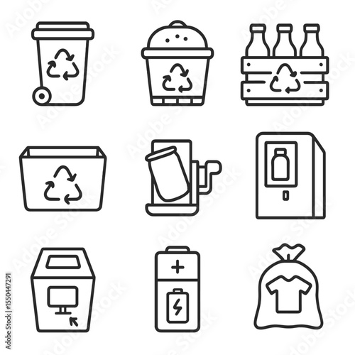 Eco-Friendly Recycling Icons. Line style icons of Eco-friendly Recycling: curbside recycle bin, compost bin, glass bottle crate,