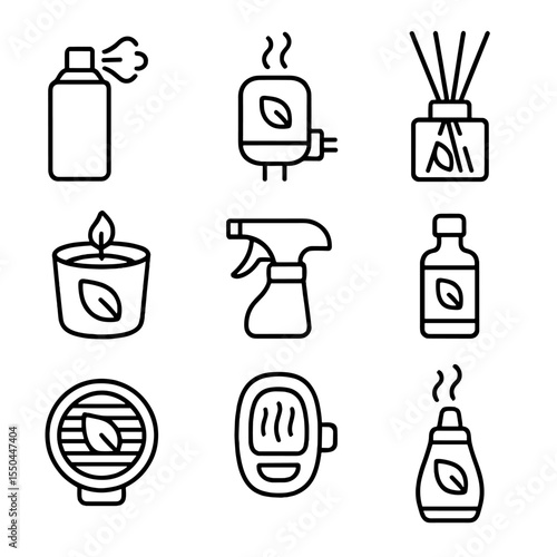 Air Freshener Icons. Line style icons of Air Freshener Varieties: aerosol can, plug-in diffuser, reed diffuser, scented candle,