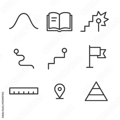 Narrative Structure Icons. Line style icons of Narrative Structure: plot arc, exposition book, rising-action steps, climax